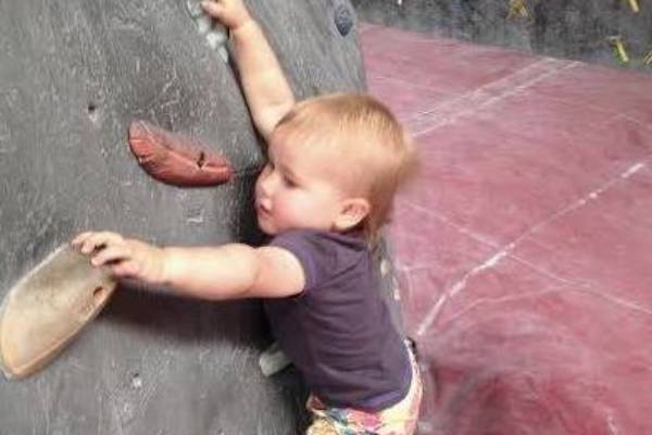 Baby scales a rock wall
